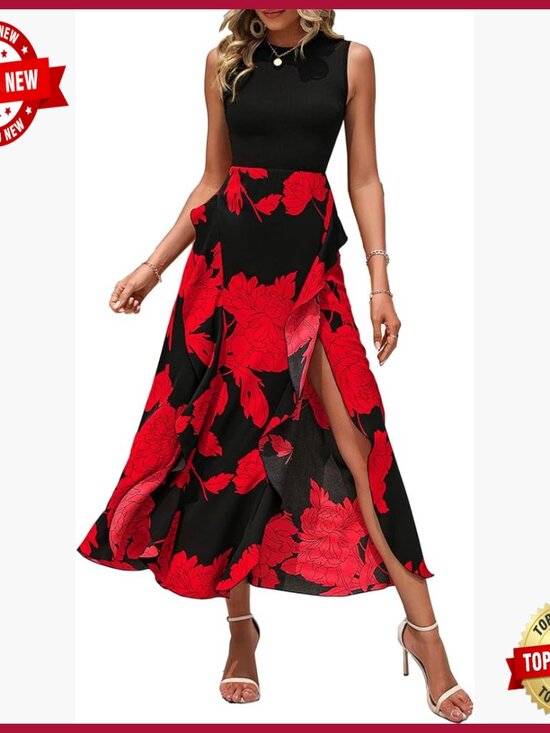 Dresses & Skirts - Sleeveless Midi Dress Floral Ruffle A-Line High Waist Casual Party